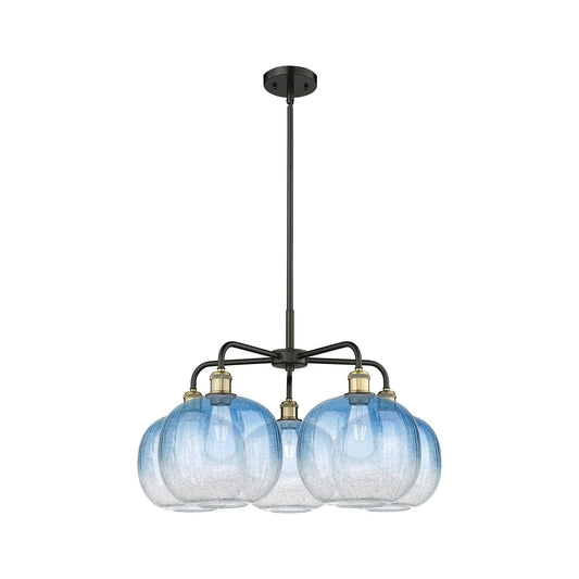 Innovations Brookhaven Sphere 29in 5-Light Chandelier | Industrial Black Antique Brass and Sapphire Blue Glass | Kitchen | Model 516-5CR-BAB-G481-10SB