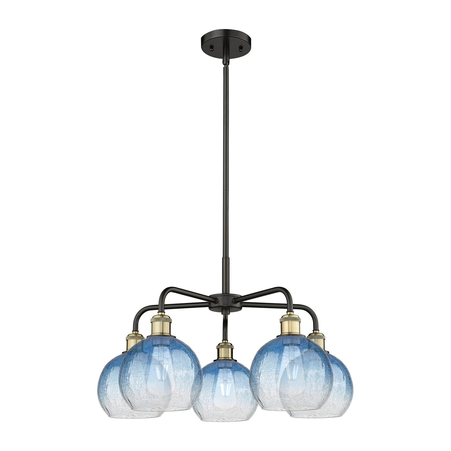 Innovations Brookhaven Globe 26in 5-Light Chandelier | Industrial Black Antique Brass and Sapphire Blue Glass | Kitchen | Model 516-5CR-BAB-G483-8SB