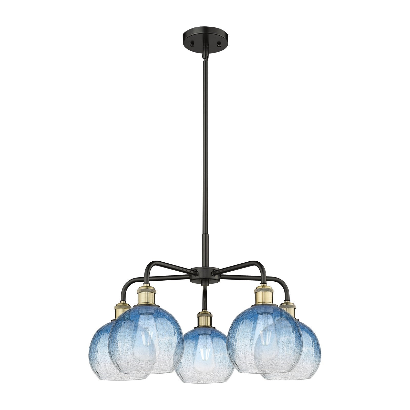 Innovations Brookhaven Globe 26in 5-Light Chandelier | Industrial Black Antique Brass and Sapphire Blue Glass | Kitchen | Model 516-5CR-BAB-G483-8SB