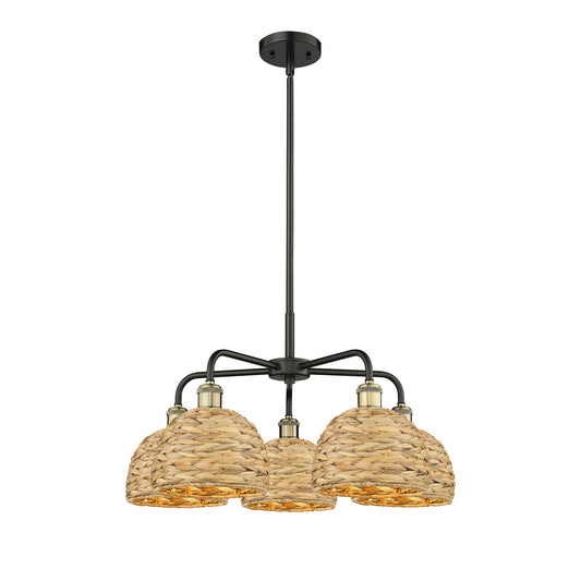 Innovations Ballston 27in 5-Light Chandelier | Industrial Black Antique Brass and Natural Rattan | Dining Room & Living Room | Model 516-5CR-BAB-RBD-8-NAT