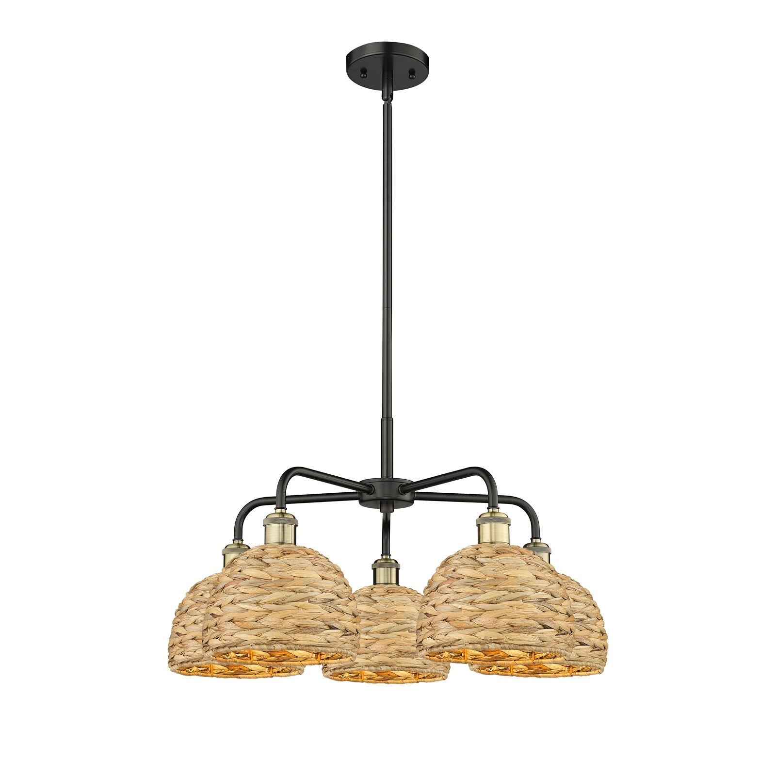 Innovations Ballston 27in 5-Light Chandelier | Industrial Black Antique Brass and Natural Rattan | Dining Room & Living Room | Model 516-5CR-BAB-RBD-8-NAT