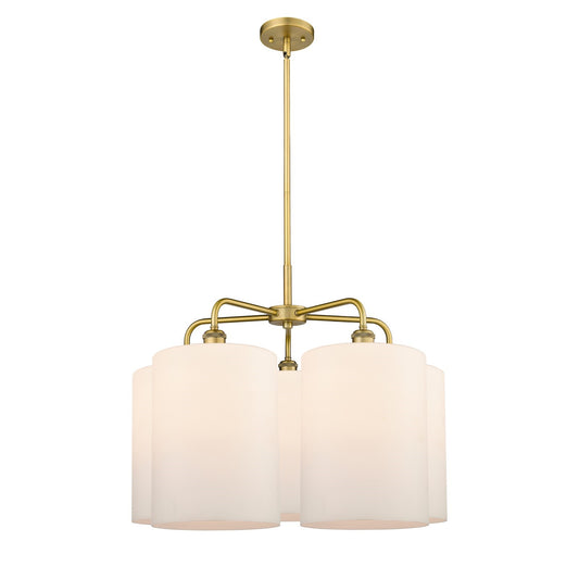 Innovations Cobbleskill 28in 5-Light Chandelier | Industrial Brushed Brass Steel and Matte White Glass | Kitchen Island & Dining | Model 516-5CR-BB-G111-L