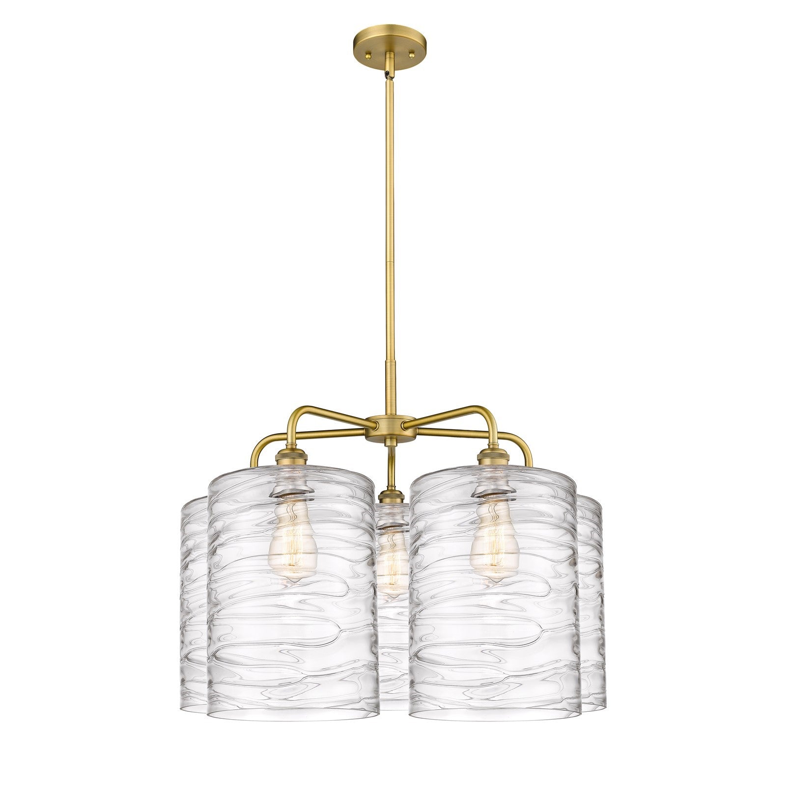 Innovations Cobbleskill 28in 5-Light Chandelier | Industrial Brushed Brass Steel and Deco Swirl Clear Glass | Dining Room & | Model 516-5CR-BB-G1113-L