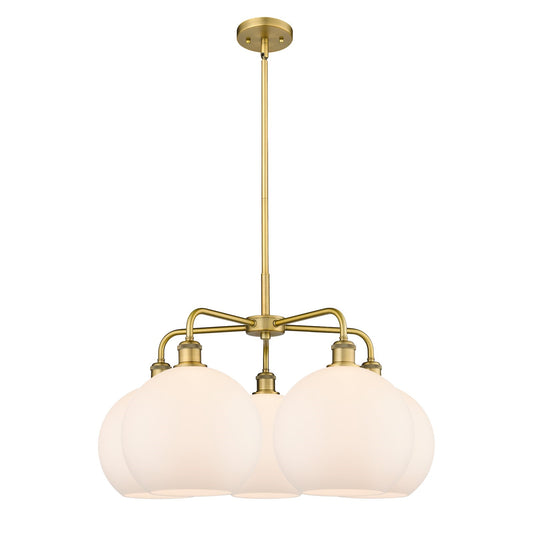 Innovations Athens 28in 5-Light Chandelier | Industrial Brushed Brass and Matte White Glass | Kitchen Island & Dining Room | 28 | Model 516-5CR-BB-G121-10