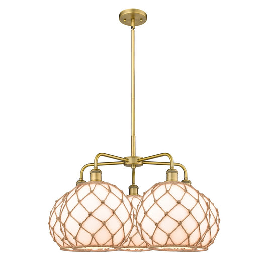 Innovations Farmhouse Rope 29in 5-Light Chandelier | Industrial Brushed Brass Steel and Matte White Glass with Brown Rope | Model 516-5CR-BB-G121-10RB