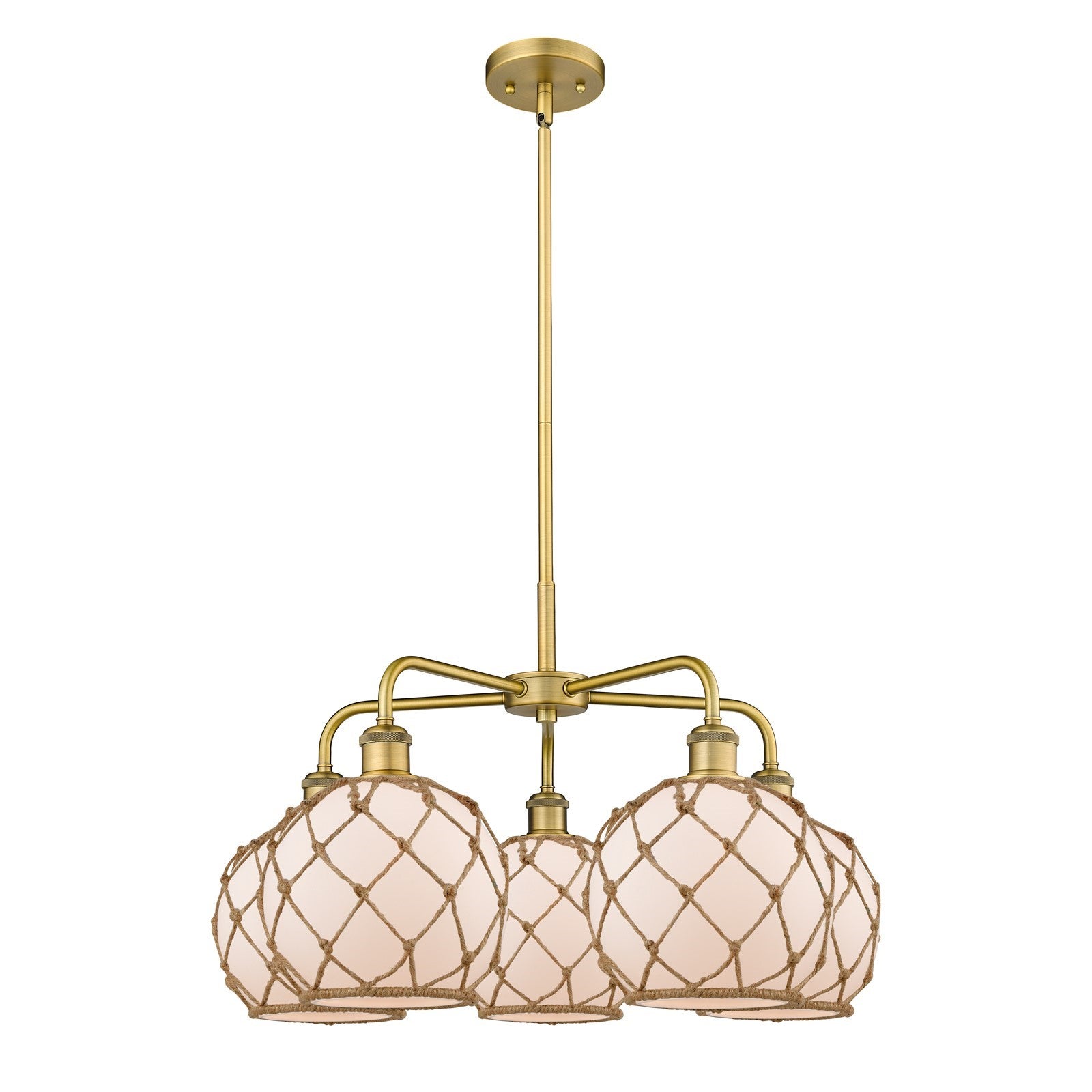 Innovations Farmhouse Rope 27in 5-Light Chandelier | Industrial Brushed Brass and White Glass with Brown Rope | Dining Room & | Model 516-5CR-BB-G121-8RB