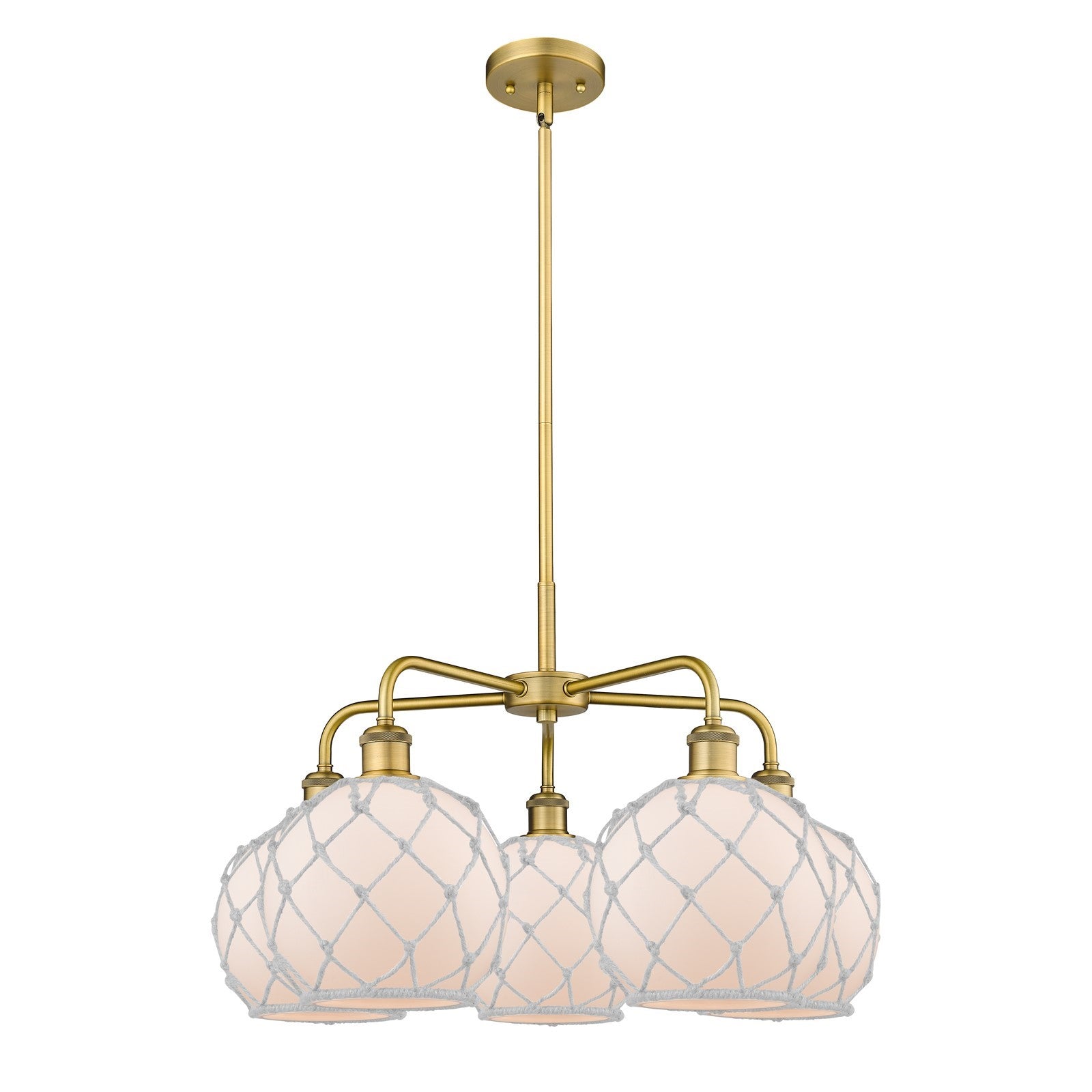 Innovations Farmhouse Rope 27in 5-Light Chandelier | Industrial Brushed Brass Steel and White Frosted Glass with Rope | Model 516-5CR-BB-G121-8RW