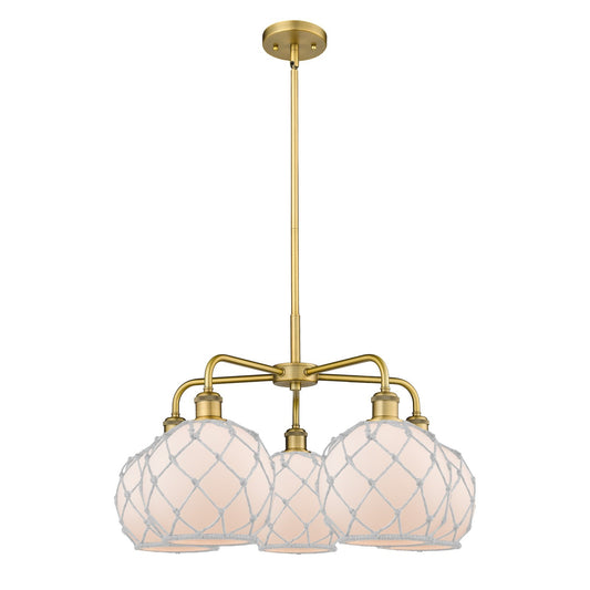 Innovations Farmhouse Rope 27in 5-Light Chandelier | Industrial Brushed Brass Steel and White Frosted Glass with Rope | Model 516-5CR-BB-G121-8RW