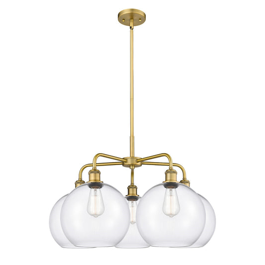Innovations Athens 28in 5-Light Chandelier | Industrial Brushed Brass Steel and Clear Glass | Dining Room & Living Room | 28 x | Model 516-5CR-BB-G122-10