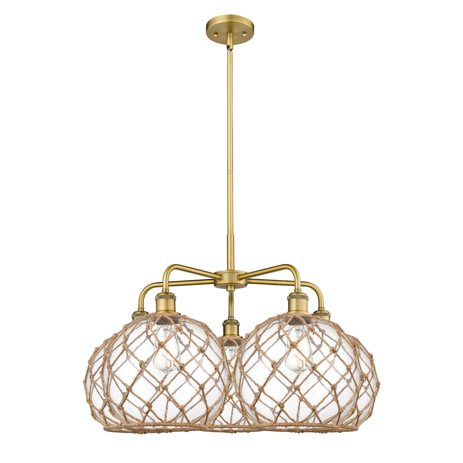 Innovations Farmhouse Rope 29in 5-Light Chandelier | Industrial Brushed Brass Steel and Clear Glass | Kitchen Island & Dining | Model 516-5CR-BB-G122-10RB
