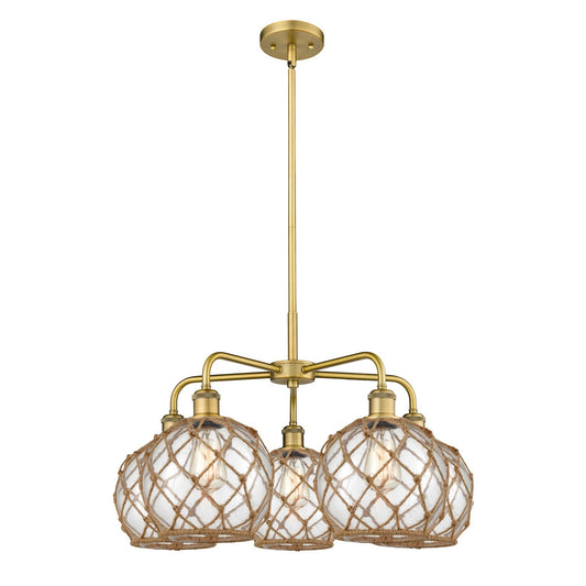 Innovations Farmhouse Rope 27in 5-Light Chandelier | Industrial Brushed Brass and Clear Glass with Brown Rope | Dining Room & | Model 516-5CR-BB-G122-8RB
