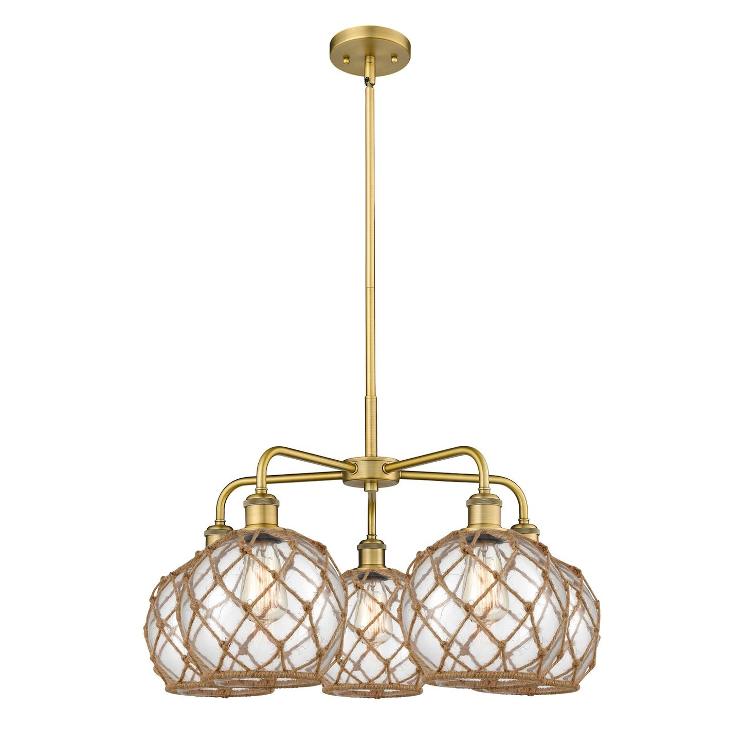 Innovations Farmhouse Rope 27in 5-Light Chandelier | Industrial Brushed Brass and Clear Glass with Brown Rope | Dining Room & | Model 516-5CR-BB-G122-8RB
