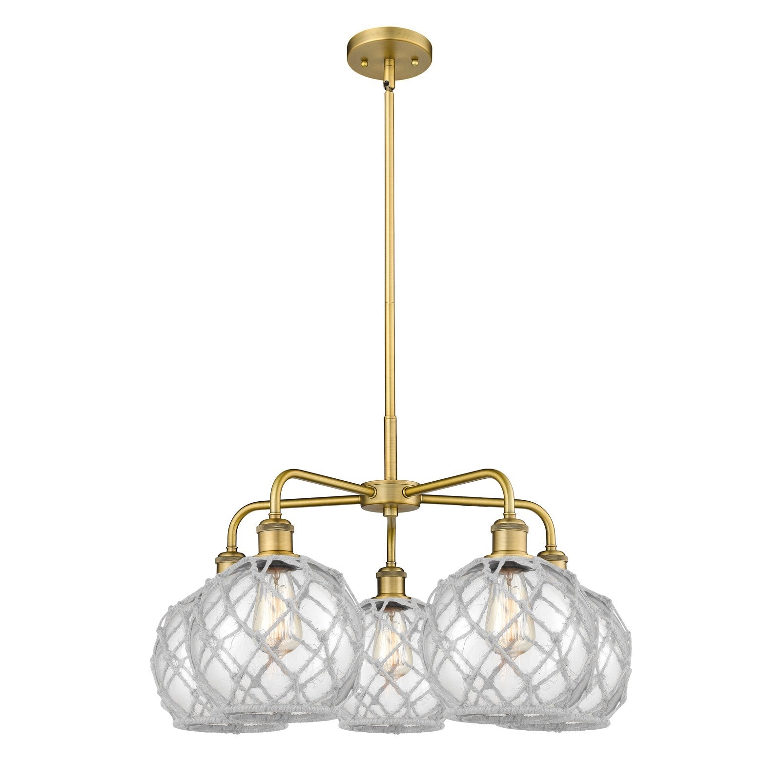 Innovations Farmhouse Rope 27in 5-Light Chandelier | Industrial Brushed Brass and Clear Glass with White Rope | Dining Room & | Model 516-5CR-BB-G122-8RW