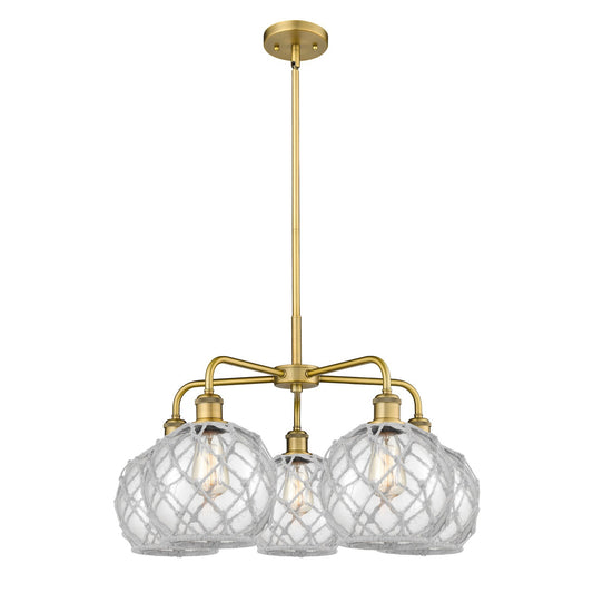 Innovations Farmhouse Rope 27in 5-Light Chandelier | Industrial Brushed Brass and Clear Glass with White Rope | Dining Room & | Model 516-5CR-BB-G122-8RW