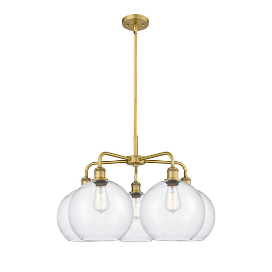 Innovations Athens 28in 5-Light Chandelier | Industrial Brushed Brass Steel and Seedy Glass | Dining Room & Living Room | 28 x | Model 516-5CR-BB-G124-10