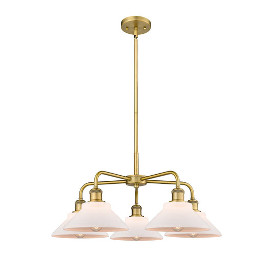 Innovations Orwell 26in 5-Light Chandelier | Industrial Brushed Brass and Matte White Glass | Kitchen Island & Dining Room | 26.38 | Model 516-5CR-BB-G131