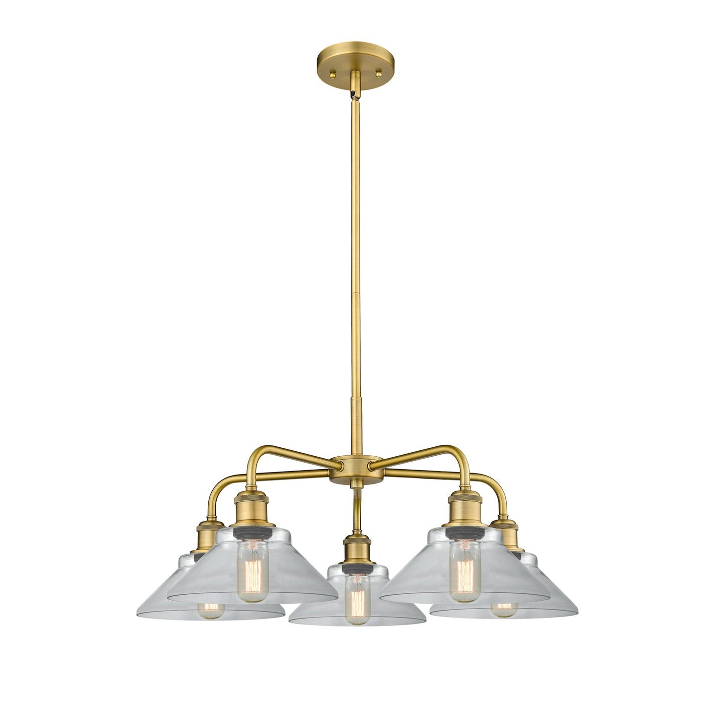 Innovations Orwell 26in 5-Light Chandelier | Industrial Brushed Brass and Clear Glass | Dining Room & Living Room | 26.38 x 26.38 | Model 516-5CR-BB-G132