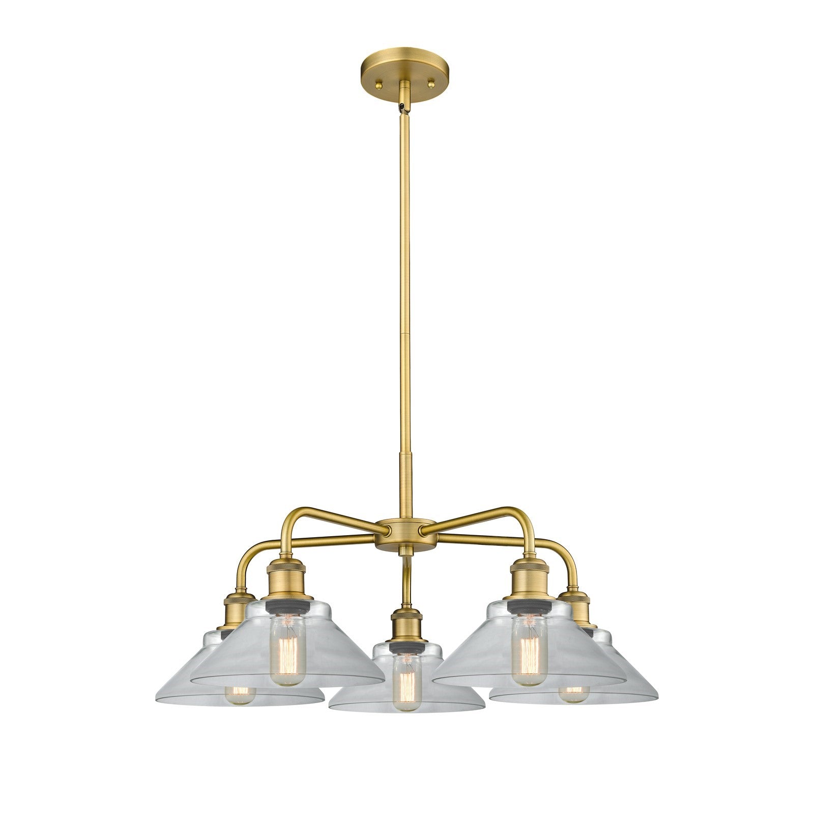 Innovations Orwell 26in 5-Light Chandelier | Industrial Brushed Brass and Clear Glass | Dining Room & Living Room | 26.38 x 26.38 | Model 516-5CR-BB-G132