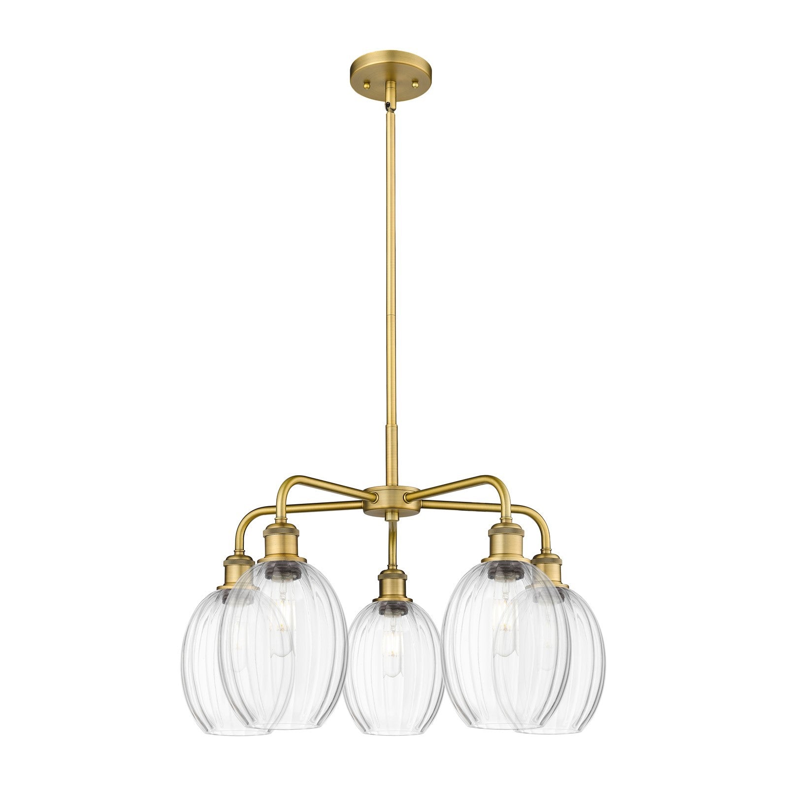 Innovations Preston Bulb 25in 5-Light Chandelier | Industrial Brushed Brass and Clear Glass | Kitchen Island & Dining Room | Model 516-5CR-BB-G459-6CL