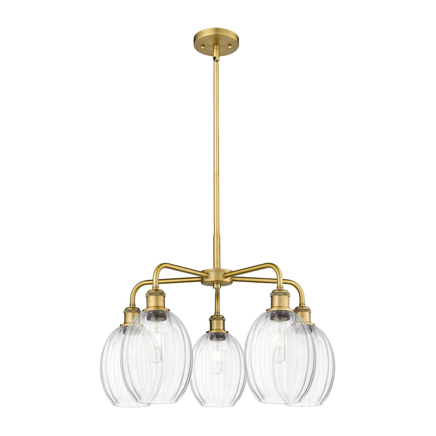 Innovations Preston Bulb 25in 5-Light Chandelier | Industrial Brushed Brass and Clear Glass | Kitchen Island & Dining Room | Model 516-5CR-BB-G459-6CL