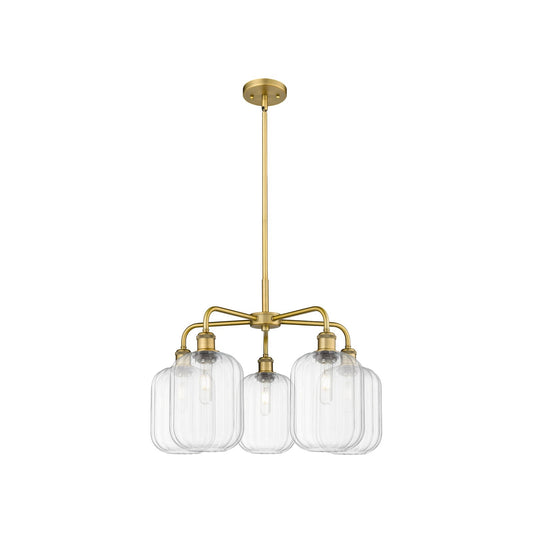 Innovations Preston Cylinder 25in 5-Light Chandelier | Industrial Brushed Brass Steel and Clear Glass | Kitchen & Dining Room | Model 516-5CR-BB-G460-7CL