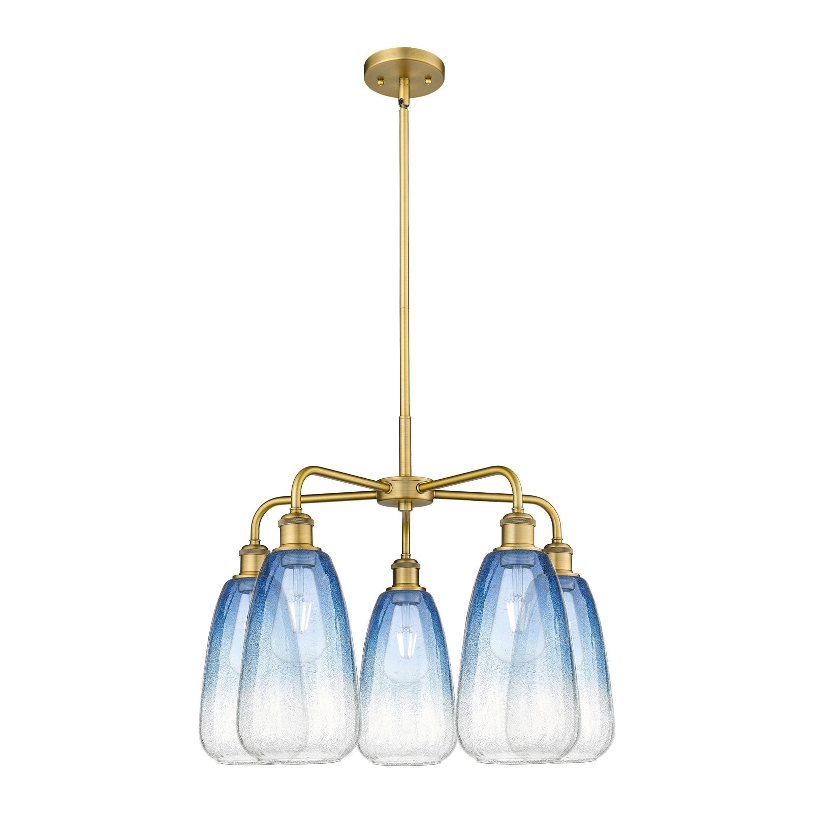 Innovations Brookhaven Almond 25in 5-Light Chandelier | Industrial Brushed Brass and Sapphire Blue Glass | Kitchen Island & | Model 516-5CR-BB-G480-6SB