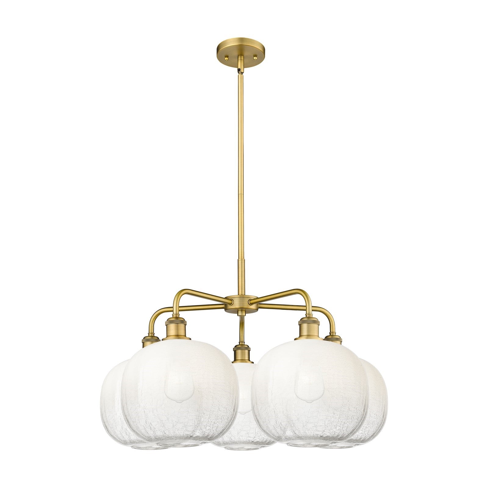 Innovations Brookhaven Sphere 29in 5-Light Chandelier | Industrial Brushed Brass and Opal Glass | Kitchen Island & Dining | Model 516-5CR-BB-G481-10OP