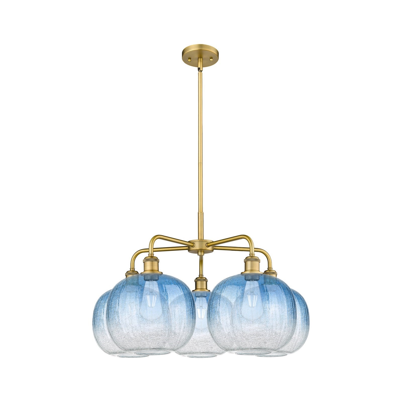 Innovations Brookhaven Sphere 29in 5-Light Chandelier | Industrial Brushed Brass and Sapphire Blue Glass | Kitchen Island & | Model 516-5CR-BB-G481-10SB