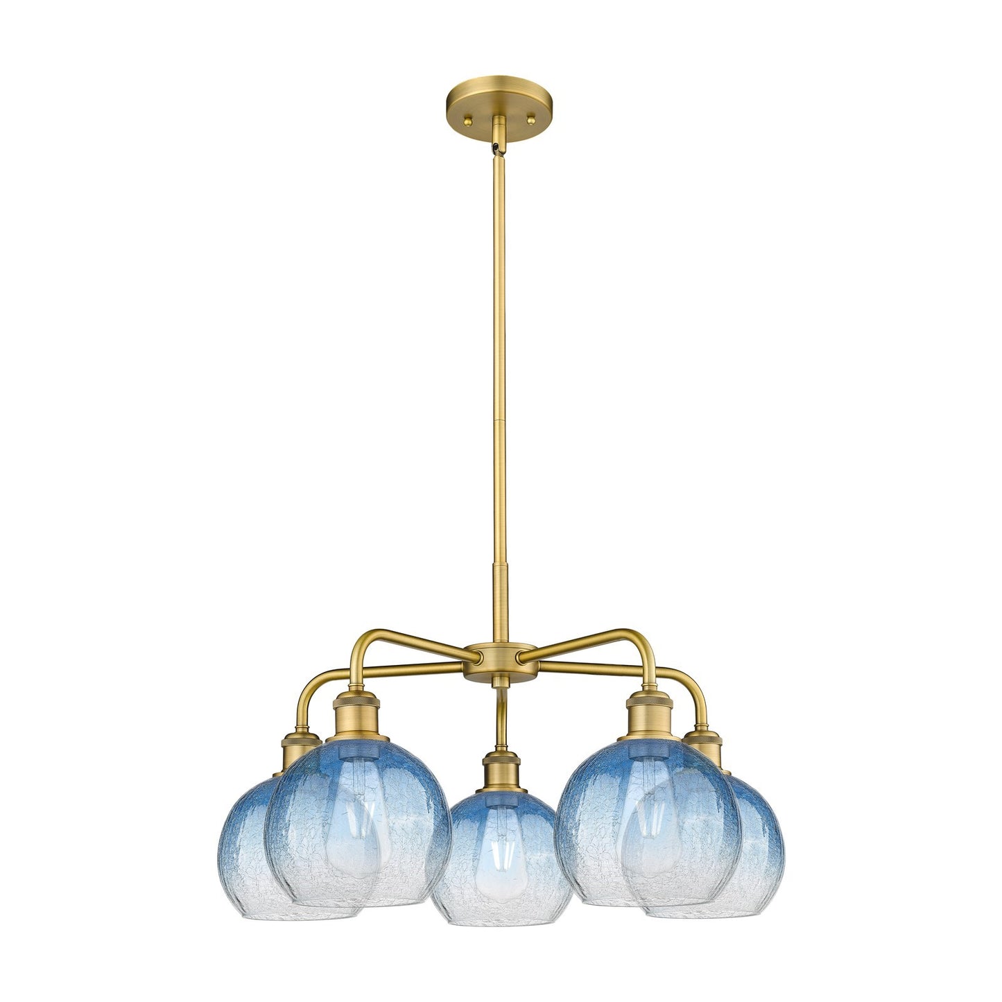Innovations Brookhaven Globe 26in 5-Light Chandelier | Industrial Brushed Brass and Sapphire Blue Glass | Kitchen Island & | Model 516-5CR-BB-G483-8SB