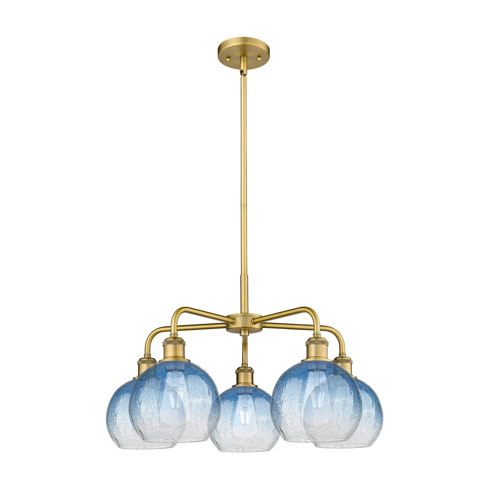 Innovations Brookhaven Globe 26in 5-Light Chandelier | Industrial Brushed Brass and Sapphire Blue Glass | Kitchen Island & | Model 516-5CR-BB-G483-8SB
