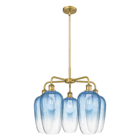 Innovations Brookhaven Flute 26in 5-Light Chandelier | Industrial Brushed Brass and Sapphire Blue Glass | Dining Room & Living | Model 516-5CR-BB-G484-7SB