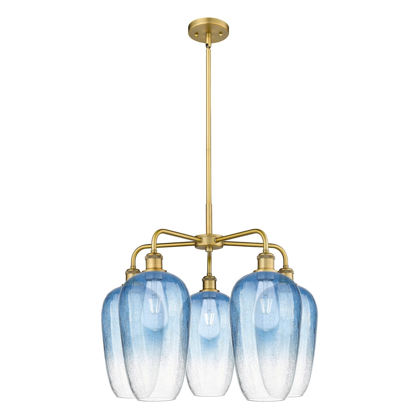 Innovations Brookhaven Flute 26in 5-Light Chandelier | Industrial Brushed Brass and Sapphire Blue Glass | Dining Room & Living | Model 516-5CR-BB-G484-7SB