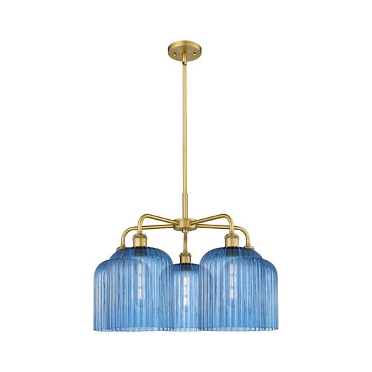 Innovations Bridal Veil 23in 5-Light Chandelier | Art Nouveau Brushed Brass Steel and Princess Blue Ribbed Glass | Kitchen | Model 516-5CR-BB-G559-8BL