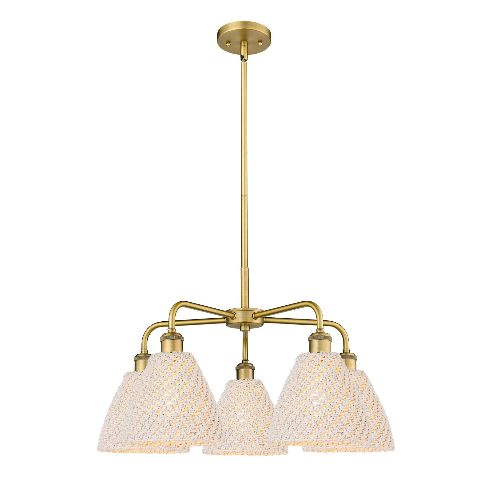 Innovations Bristol Natural 26in 5-Light Chandelier | Industrial Brushed Brass Steel and Natural Fiber Dome Shade | Kitchen | Model 516-5CR-BB-NBD-75-NAT