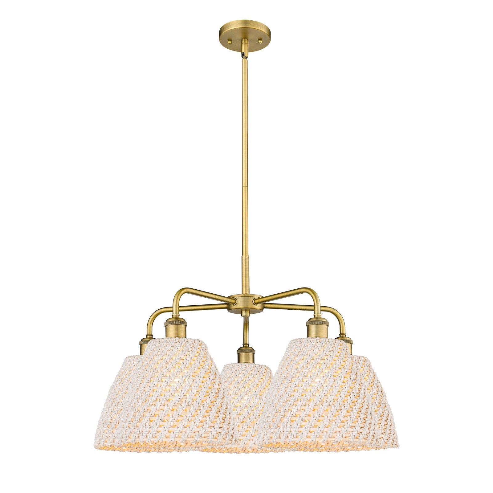 Innovations Bristol Natural 28in 5-Light Chandelier | Industrial Brushed Brass Steel and Natural Fiber Dome Shade | Dining | Model 516-5CR-BB-NBD-9-NAT