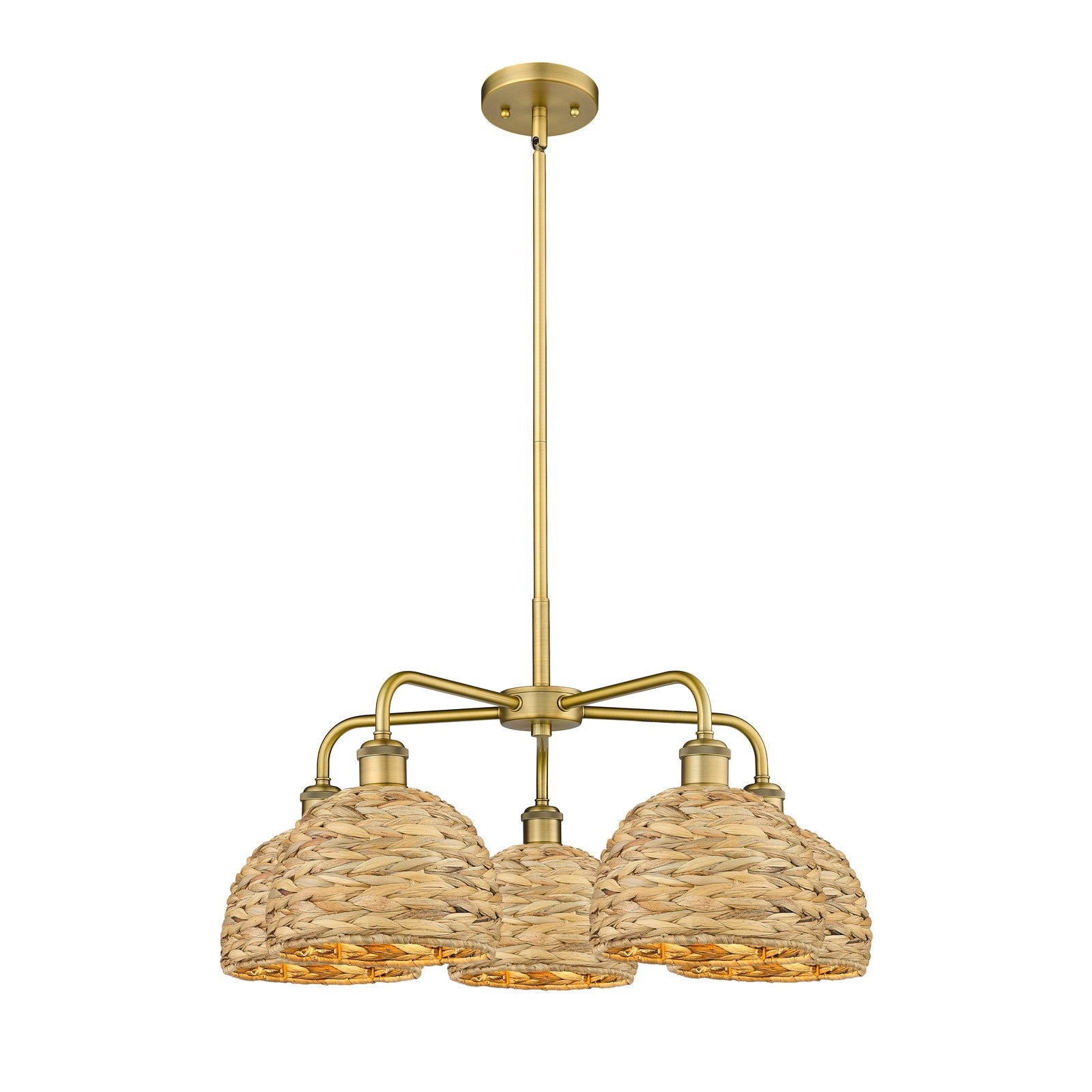 Innovations Woven Rattan 27in 5-Light Chandelier | Industrial Brushed Brass and Natural Fiber Dome Shade | Dining Room & | Model 516-5CR-BB-RBD-8-NAT