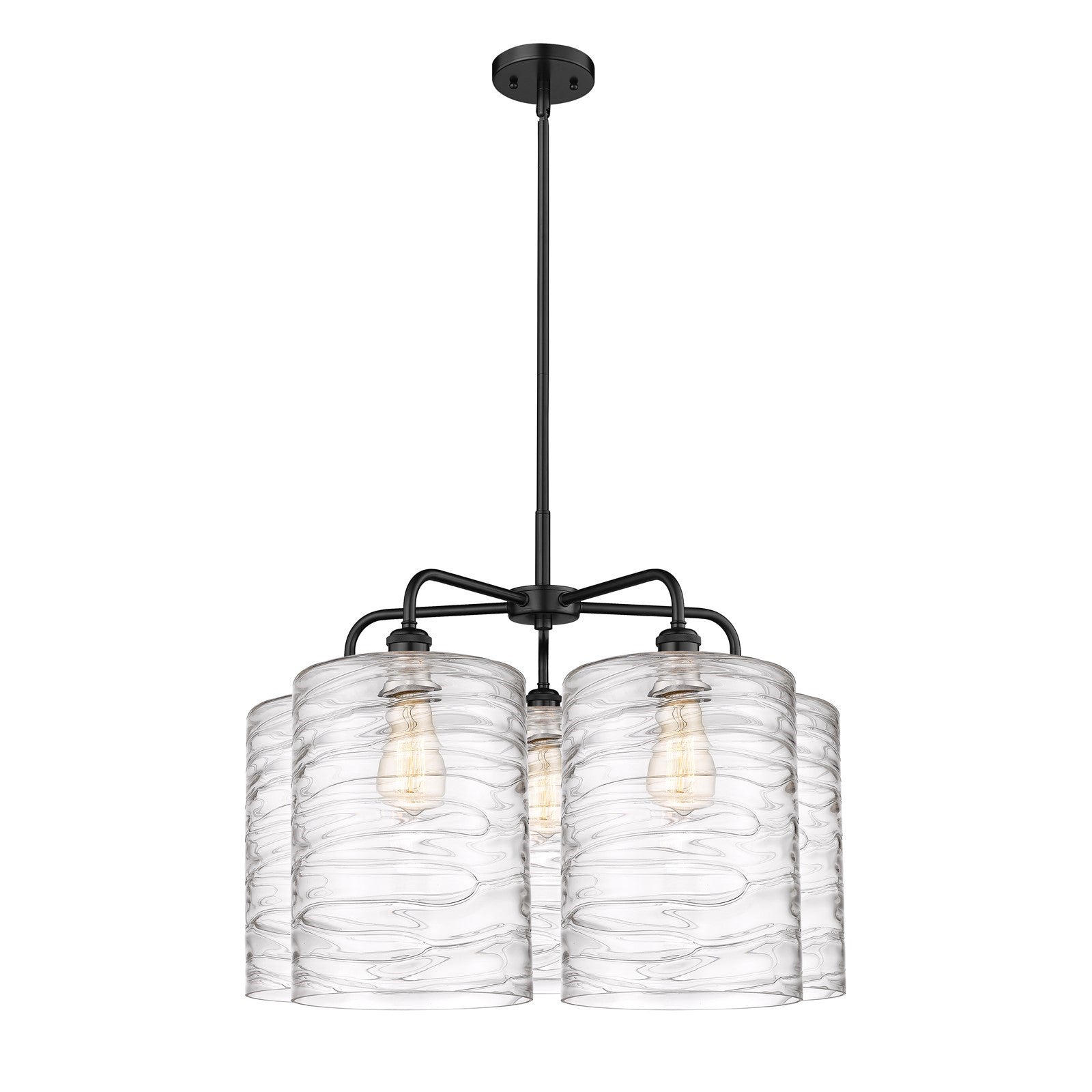 Innovations Cobbleskill 28in 5-Light Chandelier | Industrial Matte Black Steel and Deco Swirl Glass | Dining Room & Living Room | Model 516-5CR-BK-G1113-L