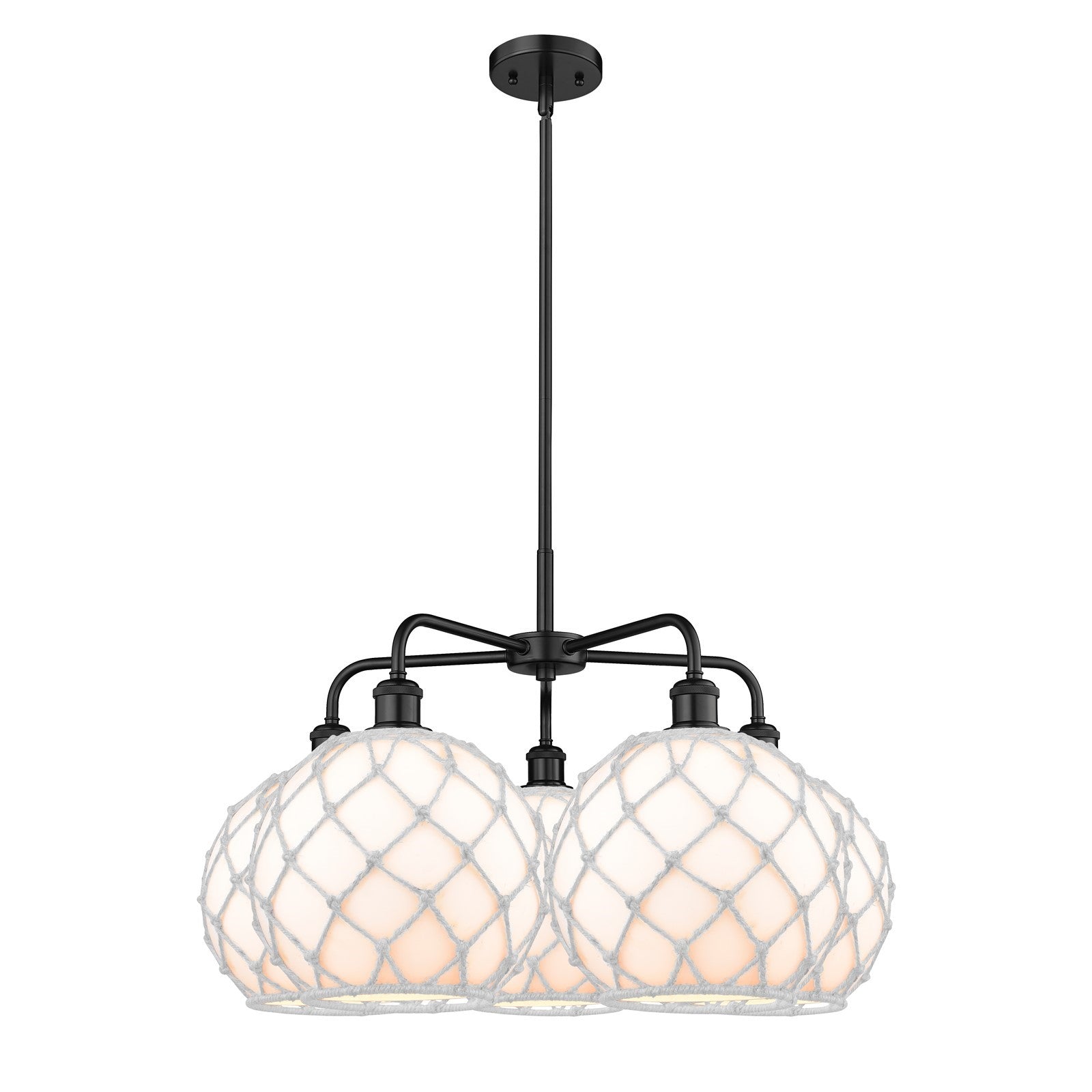 Innovations Farmhouse Rope 29in 5-Light Chandelier | Industrial Matte Black Steel and White Glass with Rope Shade | Dining | Model 516-5CR-BK-G121-10RW