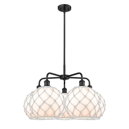 Innovations Farmhouse Rope 29in 5-Light Chandelier | Industrial Matte Black Steel and White Glass with Rope Shade | Dining | Model 516-5CR-BK-G121-10RW