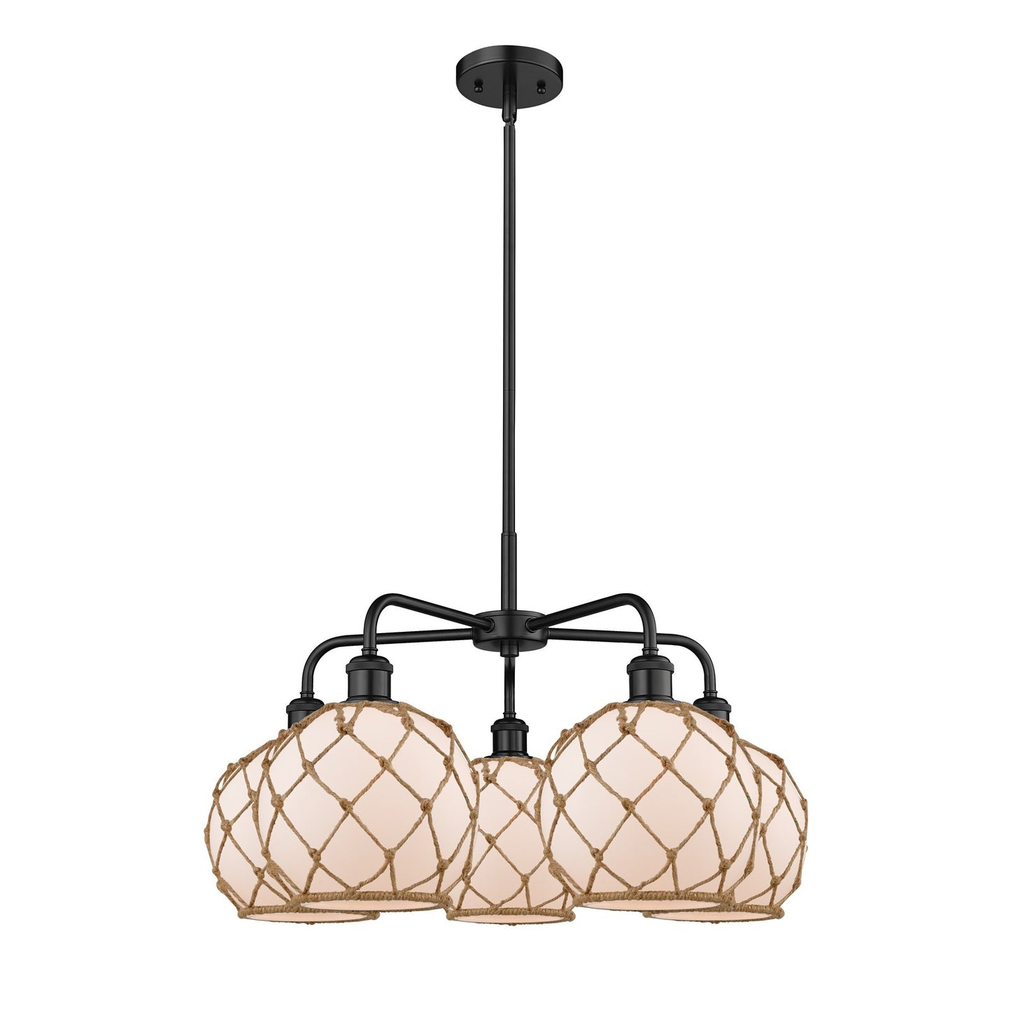 Innovations Farmhouse Rope 27in 5-Light Chandelier | Industrial Matte Black Steel and White Frosted Glass with Brown Rope | Model 516-5CR-BK-G121-8RB