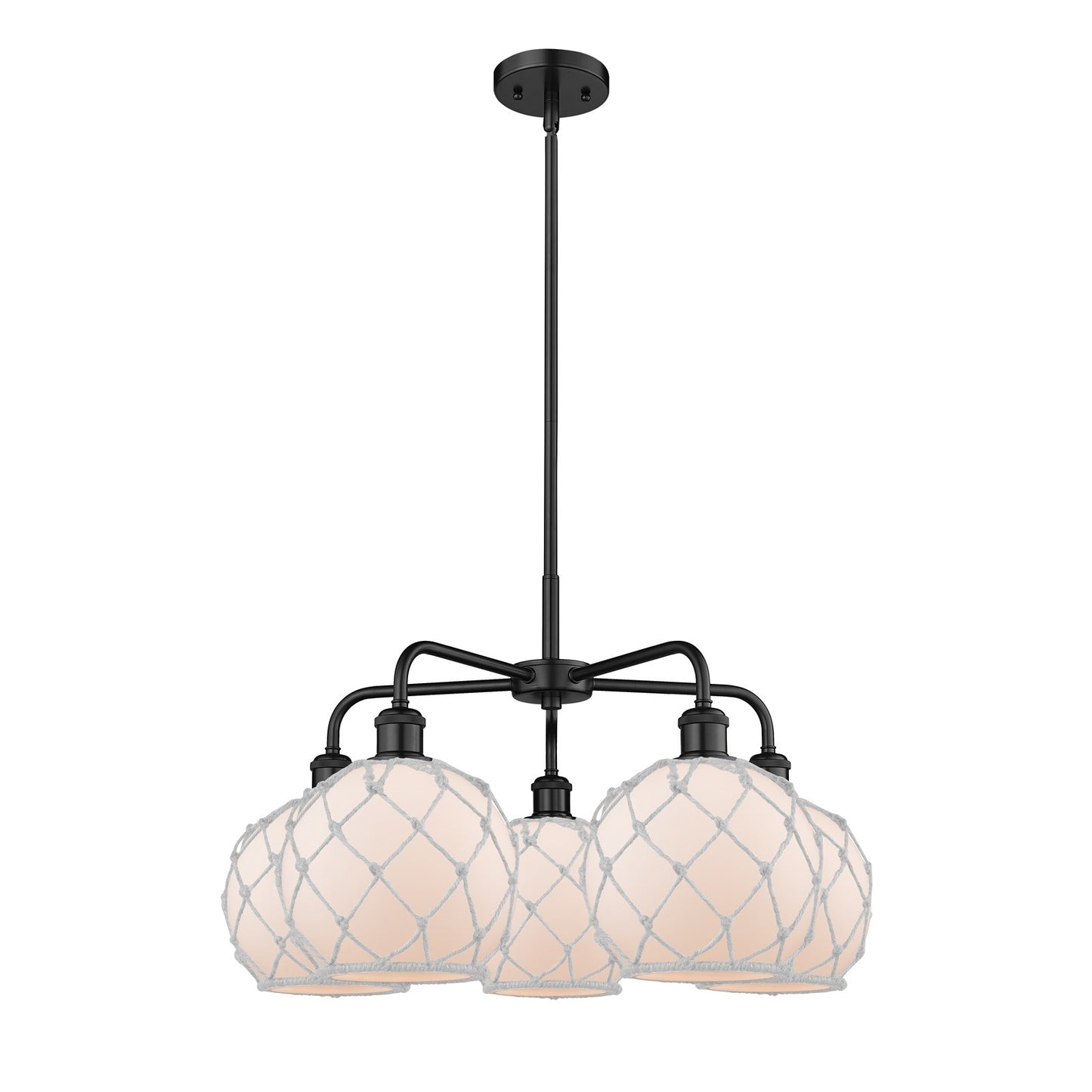 Innovations Farmhouse Rope 27in 5-Light Chandelier | Industrial Matte Black Steel and White Frosted Glass Rope Shade | Kitchen | Model 516-5CR-BK-G121-8RW