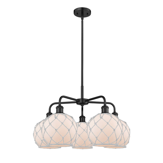 Innovations Farmhouse Rope 27in 5-Light Chandelier | Industrial Matte Black Steel and White Frosted Glass Rope Shade | Kitchen | Model 516-5CR-BK-G121-8RW