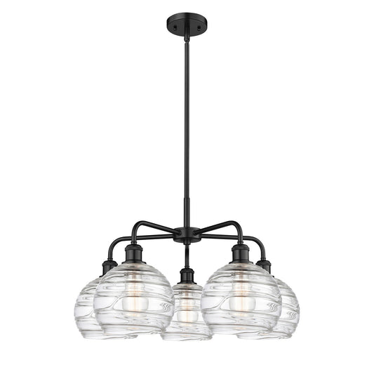 Innovations Athens Deco Swirl 27in 5-Light Chandelier | Industrial Matte Black Steel and Clear Deco Swirl Glass | Dining Room | Model 516-5CR-BK-G1213-8CL