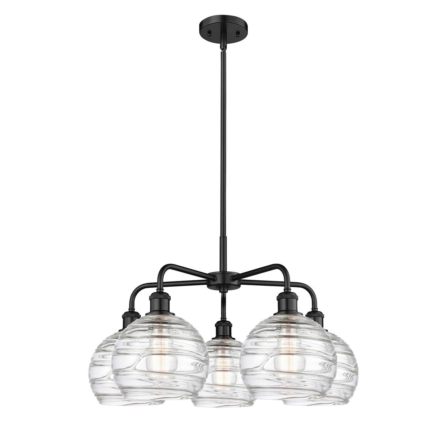 Innovations Athens Deco Swirl 27in 5-Light Chandelier | Industrial Matte Black Steel and Clear Deco Swirl Glass | Dining Room | Model 516-5CR-BK-G1213-8CL