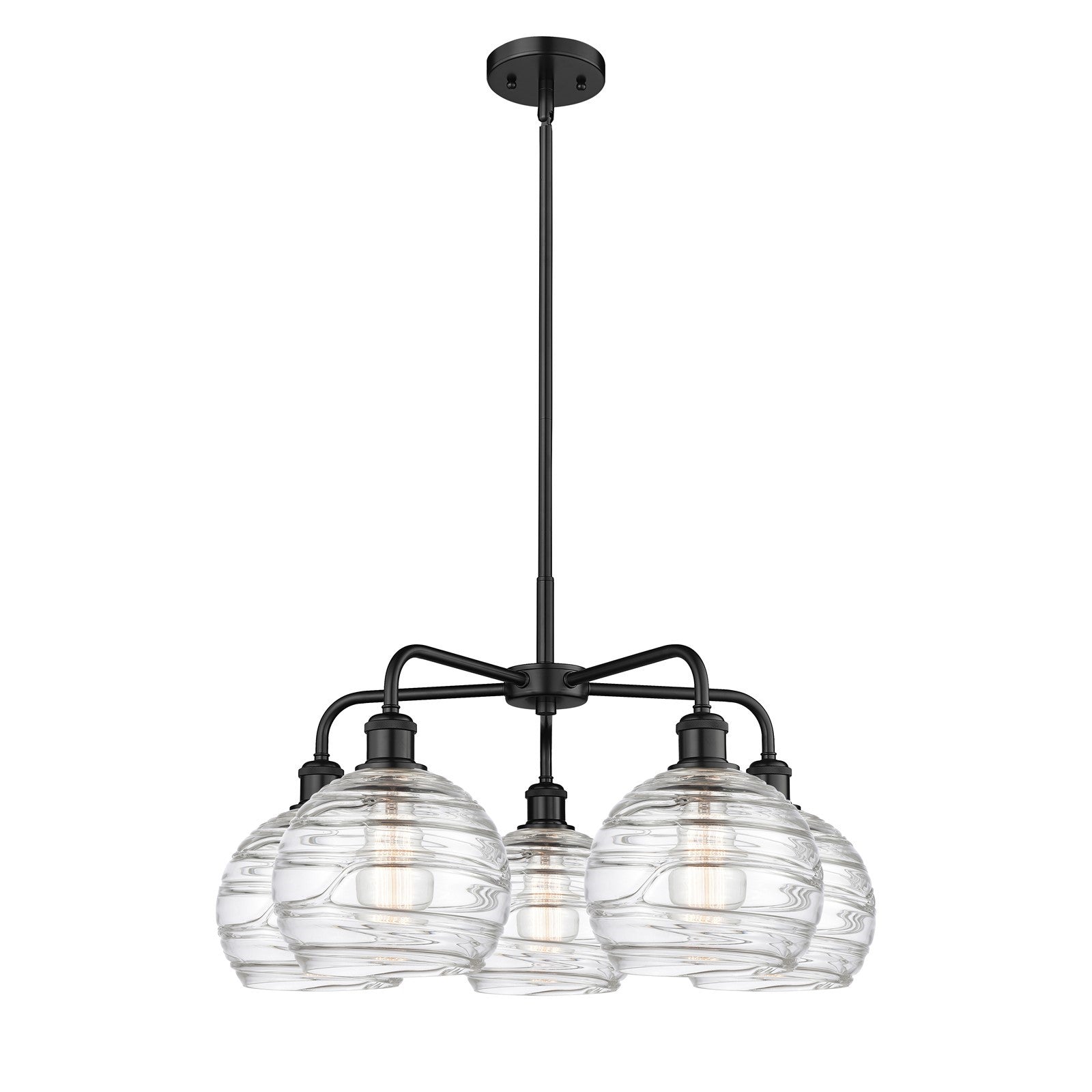 Innovations Athens Deco Swirl 27in 5-Light Chandelier | Industrial Matte Black Steel and Clear Deco Swirl Glass | Dining Room | Model 516-5CR-BK-G1213-8CL