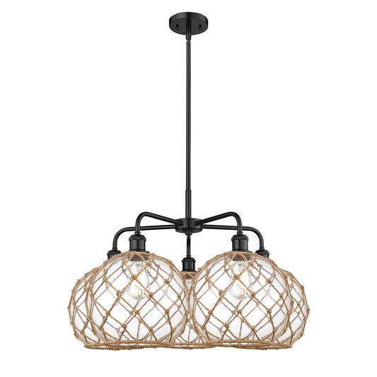 Innovations Farmhouse Rope 29in 5-Light Chandelier | Industrial Matte Black Steel and Clear Glass | Kitchen Island & Dining | Model 516-5CR-BK-G122-10RB