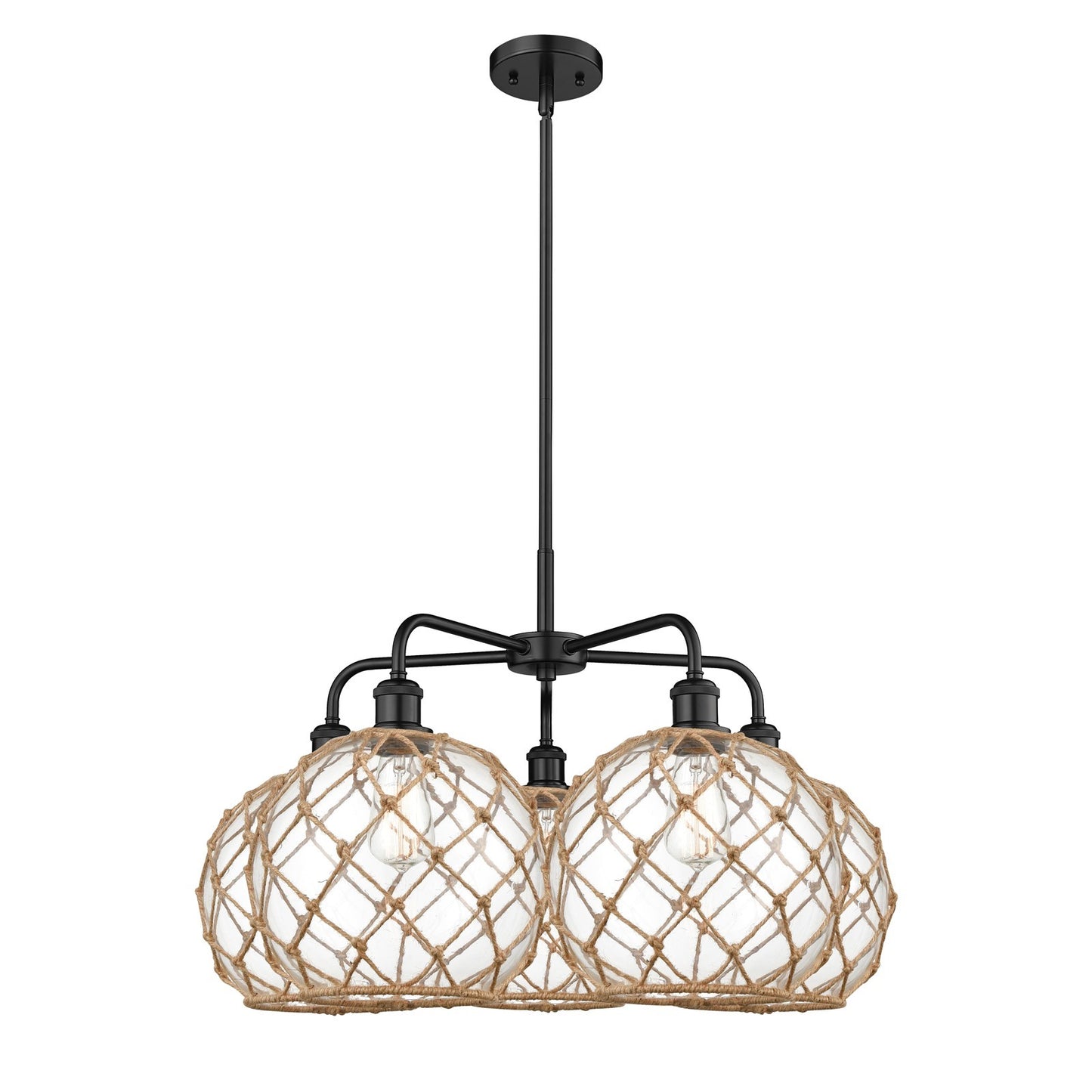 Innovations Farmhouse Rope 29in 5-Light Chandelier | Industrial Matte Black Steel and Clear Glass | Kitchen Island & Dining | Model 516-5CR-BK-G122-10RB