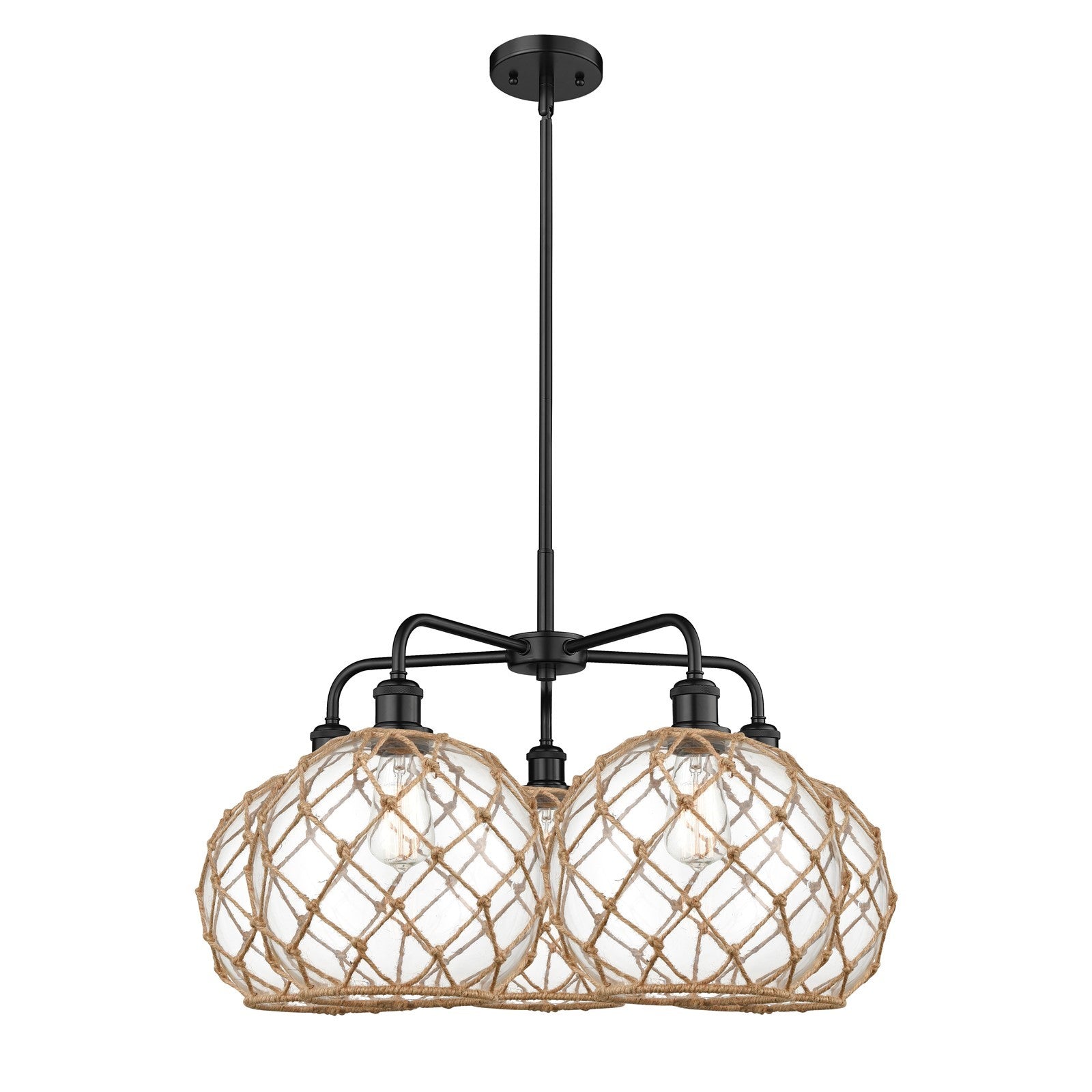 Innovations Farmhouse Rope 29in 5-Light Chandelier | Industrial Matte Black Steel and Clear Glass | Kitchen Island & Dining | Model 516-5CR-BK-G122-10RB