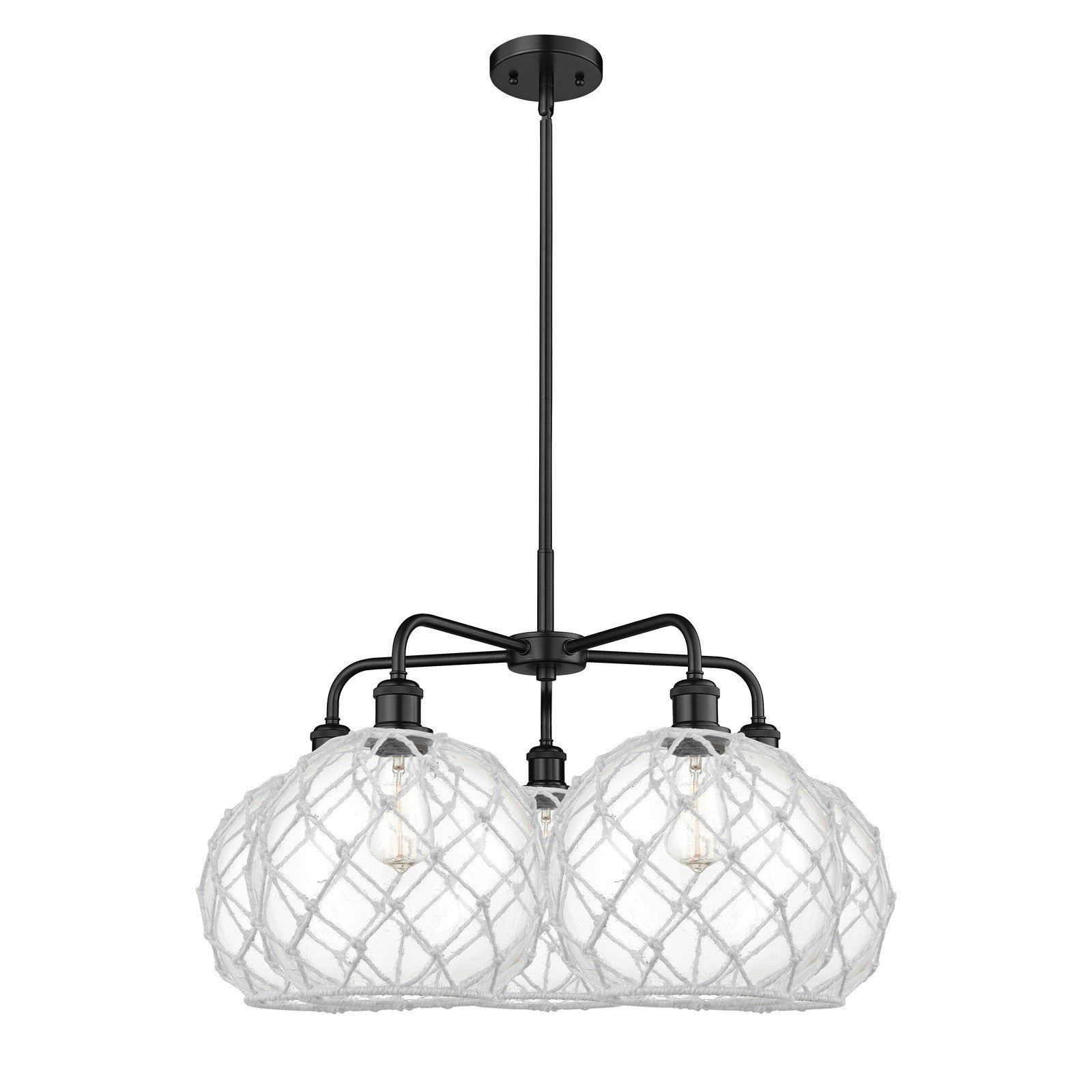Innovations Farmhouse Rope 29in 5-Light Chandelier | Industrial Matte Black Steel and Clear Glass with White Rope | Dining | Model 516-5CR-BK-G122-10RW