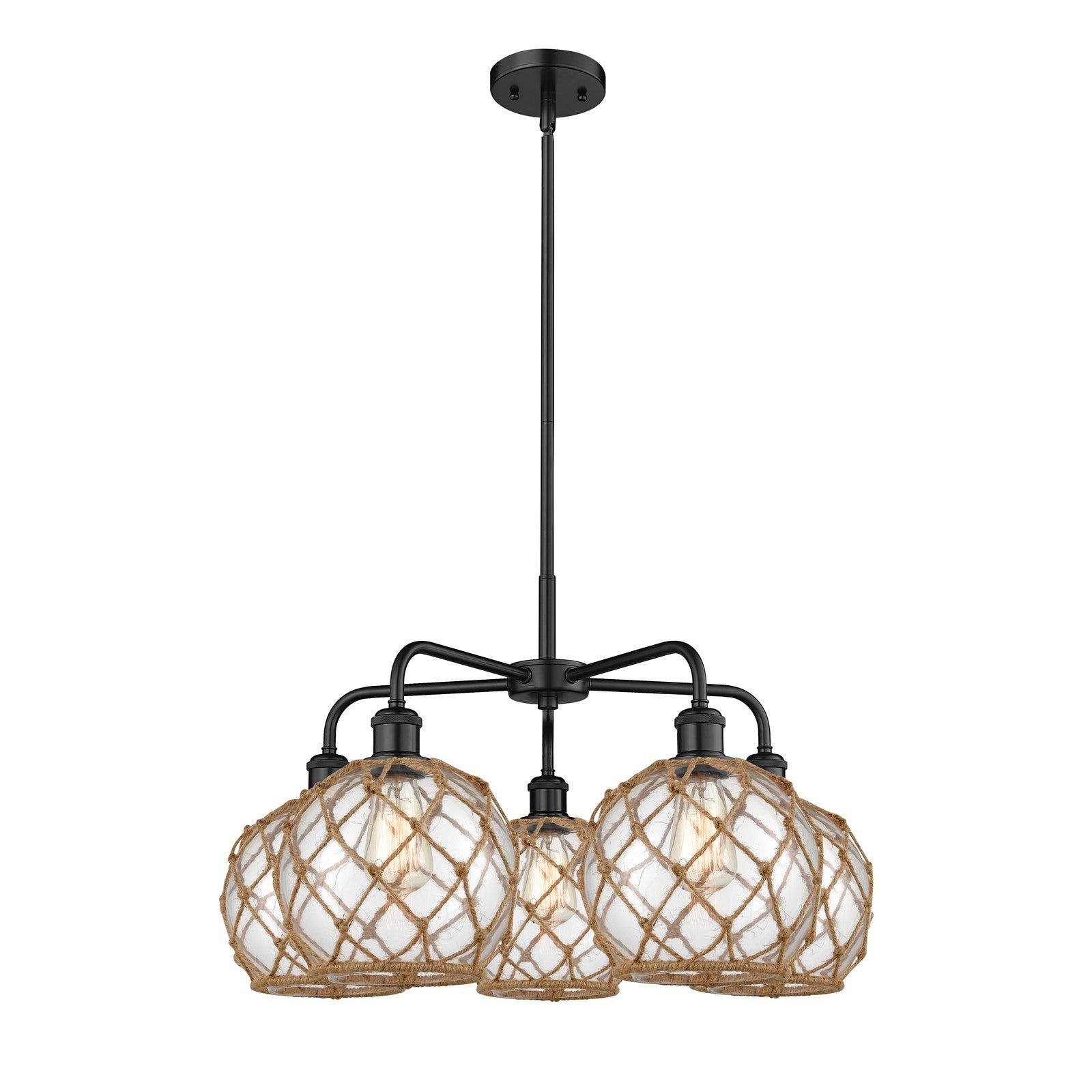 Innovations Farmhouse Rope 27in 5-Light Chandelier | Industrial Matte Black Steel and Clear Glass with Brown Rope | Dining | Model 516-5CR-BK-G122-8RB